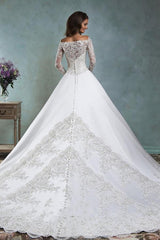Satin Lace Applique Wedding Dress Off The Shoulder Long Sleeve Jacket TN0075