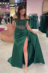 Satin Off the Shoulder Sheath Long Prom Dress with Appliques