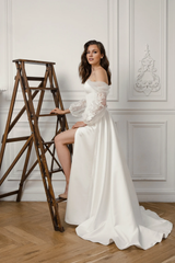 Satin Corset Wedding Dress With Floral Tulle Sleeves Strapless Wedding Dress With High Slit With Train