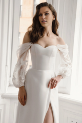 Satin Corset Wedding Dress With Floral Tulle Sleeves Strapless Wedding Dress With High Slit With Train