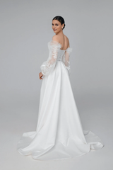 Satin Corset Wedding Dress With Floral Tulle Sleeves Strapless Wedding Dress With High Slit With Train