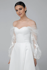 Satin Corset Wedding Dress With Floral Tulle Sleeves Strapless Wedding Dress With High Slit With Train