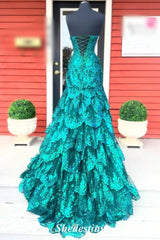 Ruffle Light Blue Plunging V-Neck A-Line Prom Gown with Sequin