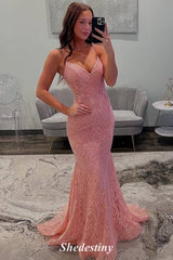 V-Neck Rose Pink Long Mermaid Lace Applique Prom Dress