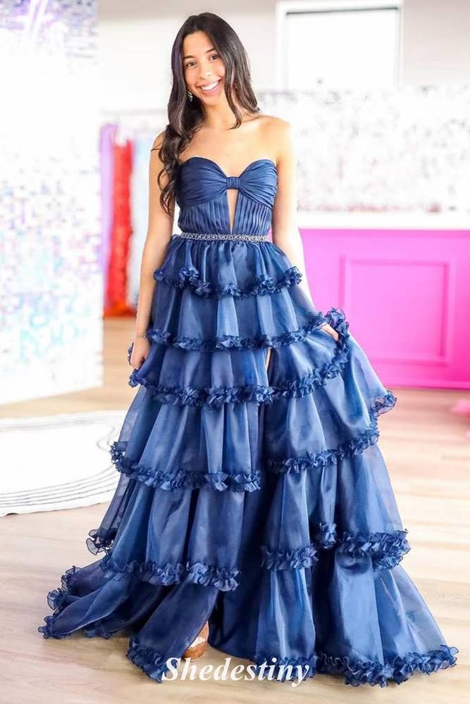 Keyhole Navy Sweetheart Ruffle Layered Prom Dress with Slit