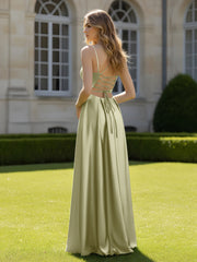 Pleated Sweetheart Neck A-Line Dress With Slit Dusty Sage