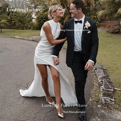 Customized Satin O-Neck Sleeveless Mermaid Wedding Dress with Side Slit Backless Bridal Gown