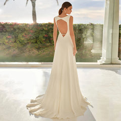 Customized Pure Ivory O-Neck Jersey Wedding Dresses with Open Back Sweep Train Minimalist Pleats Crystal Sleeveless Bridal Gowns
