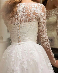 A-line Tulle Wedding Dress Long Sleeve V-neck Plus Size Lace