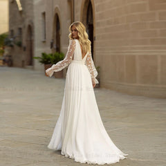 Customized Sexy Wedding Dresses Deep V Neck Bridal Gowns Backless Appliques A-Line Sweep Train Chiffon