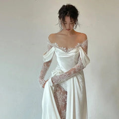 Customized Illusion Tulle Off Shoulder Lace Wedding Gowns A Line Long Sleeves Ruched Satin Bridal Dress