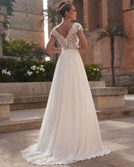 A-Line Lace Wedding Dress Brides Boho Cap Sleeve V-Neck Open Back Bridal Gown Customized