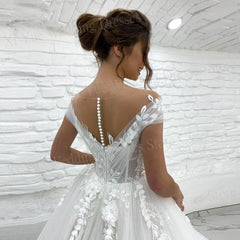 Boho Charming Princess A Line Wedding Dresses Illusion Appliques Gowns