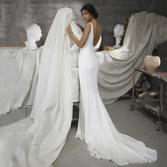 Customized Mermaid Satin Wedding Dress Backless Side Slit Boho Bridal Gown