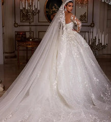 Customized Luxury Wedding Dresses Long Sleeves Sequins Beads Appliques Tulle Bride Gowns