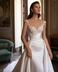 Gorgeous Country Mermaid Wedding Dress Cap Sleeves Lace Appliques