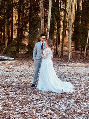 V Neck Long Sleeves Wedding Dresses Open Back Lace Applique A-Line