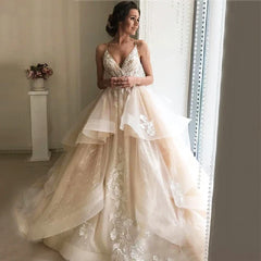 Champagne Floral Lace Beach Wedding Dresses Backless Ruffles Gowns for Bride