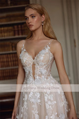 Customized A-Line Deep V-Neck Sleeveless Lace Appliques Tulle Wedding Dress Backless Button Bridal Gown