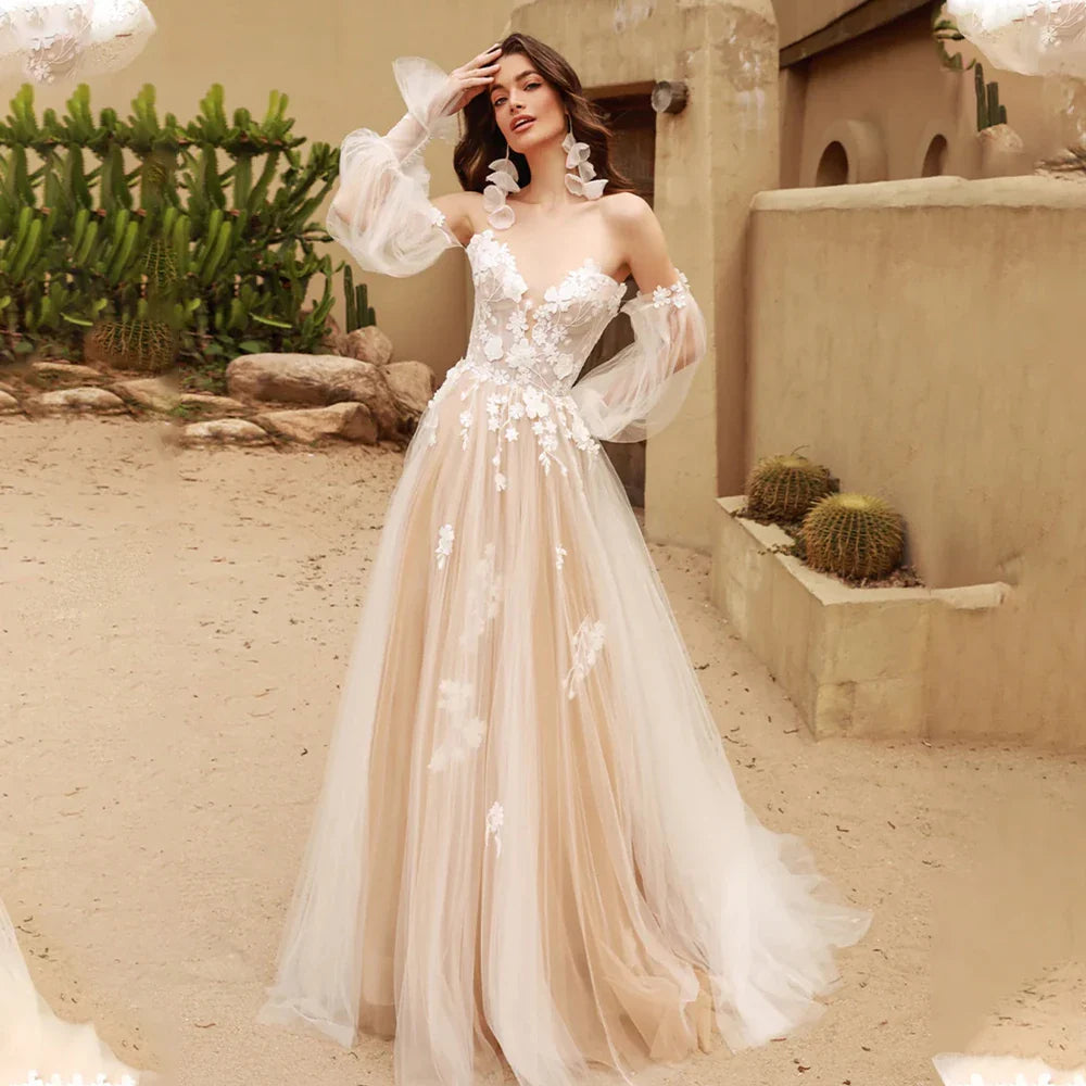 Light Champagne Detachable Long Puff Sleeves V-neck Lace Applique Boho Beach A Line Wedding Dresses Custom Made