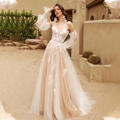 Light Champagne Detachable Long Puff Sleeves V-neck Lace Applique Boho Beach A Line Wedding Dresses Custom Made