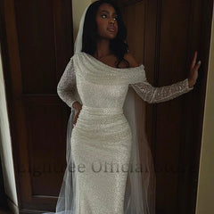 Eightree Elegant Mermaid Wedding Dresses Long Sleeve Glitter Sequins Bridal Dress Evening Gowns Customized