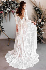 Scoop Neck Long Sleeves Lace A-Line Weddding Dress Bridal Gown TN250