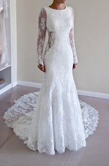 Scoop Open Back Sheath Lace Mermaid Wedding Dress With Long Sleeves TN0005