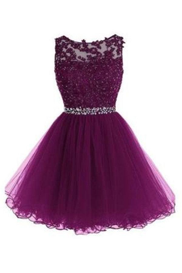Scoop Short Grape Zipper-up Tulle Homecoming Dresses  TR0017