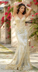 Lyra Gown - Gold Mist - FITTED FLORAL GLITTER PRINT CORSET GOWN
