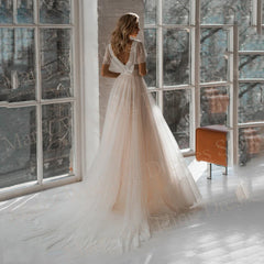 Bohemian A Line Wedding Dresses Lace Appliques V Neck Backless