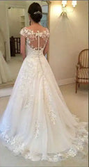 White Elegant Appliqued Wedding Dresses Sheer Back Cap Sleeves A-line Gown