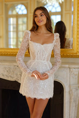 Customized Sequin Lace Mini Skirt Wedding Dress with Square Neck and Long Sleeves Lace-Up Back Short Gown