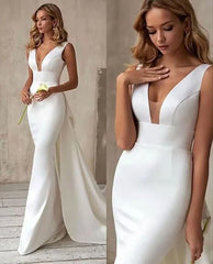 Satin Mermaid Wedding Dresses Elegant Women V Neck Backless Gowns