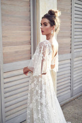 Elegant Women White Lace Wedding Dresses Flare Sleeves Mermaid Gown