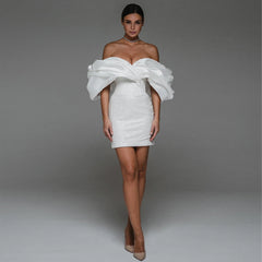 Short Wedding Dress for Bride Off the Shoulder Mini Gown Sheath Backless Glitter Bridal Dress