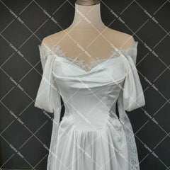 Customized Illusion Tulle Off Shoulder Lace Wedding Gowns A Line Long Sleeves Ruched Satin Bridal Dress