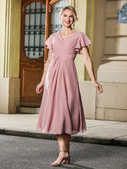 V-neck Pleated A-line Chiffon Tea-length Dress Dusty Rose