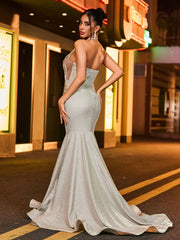 Sparkling Beaded Halter Sleeveless Mermaid Long Gown Silver