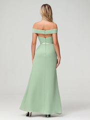 Chiffon Off Shoulder Dresses with Slit-Dusty Sage