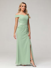 Chiffon Off Shoulder Dresses with Slit-Dusty Sage