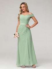 Chiffon Off Shoulder Dresses with Slit-Dusty Sage