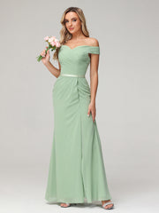 Chiffon Off Shoulder Dresses with Slit-Dusty Sage