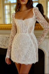 Customized Sequin Lace Mini Skirt Wedding Dress with Square Neck and Long Sleeves Lace-Up Back Short Gown