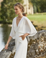 Customized White Jumpsuit Wedding Dresses V Neckline Beach Gowns