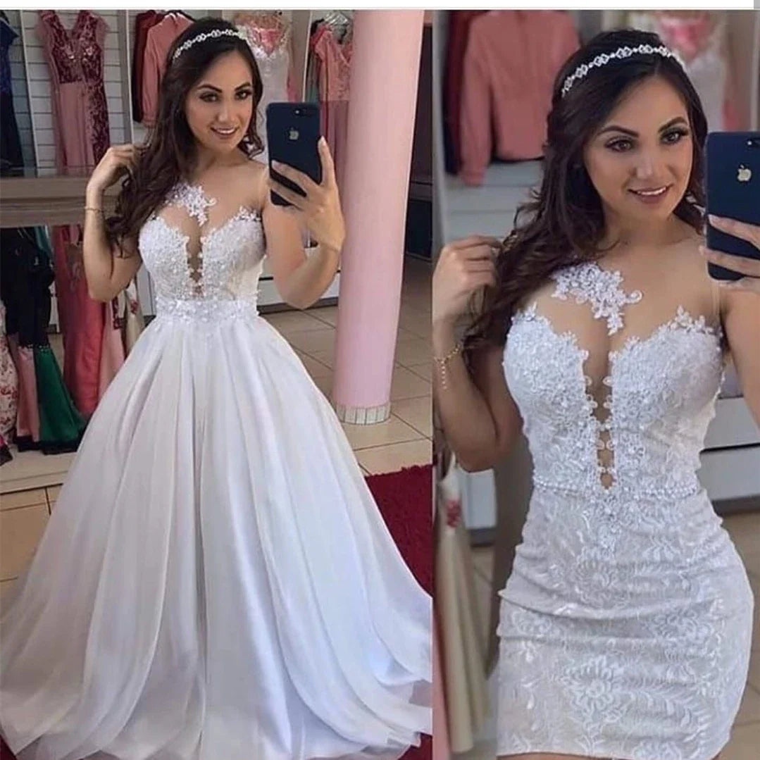Short Sheath Lace 2 in 1 Wedding Dresses with Detachable Skirt Two Pieces Pearls Bridal Gowns