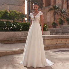A-Line Lace Wedding Dress Brides Boho Cap Sleeve V-Neck Open Back Bridal Gown Customized