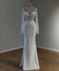 Flavinke White Mermaid Wedding Dresses With Detachable Train Long Sleeves Pearls Wedding Gowns