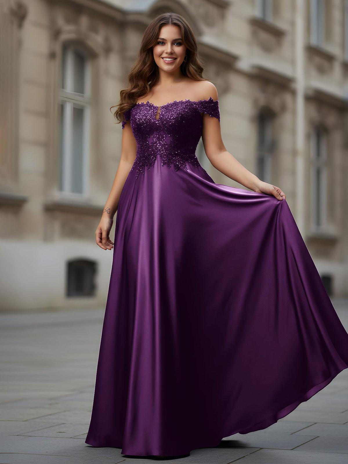Off-the-shoulder Applique Bodice A-Line Long Dress Grape