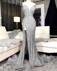 Sequin Mermaid Prom Dresses Spaghetti Straps Sweetheart Leg Slit